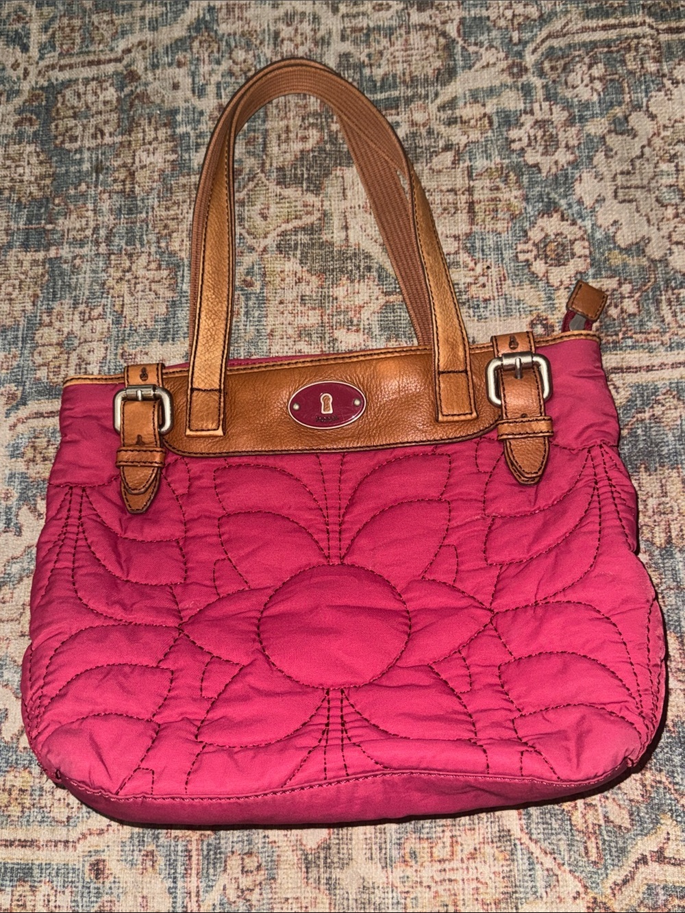 Fossil Raspberry Key Per Quilted Shoulder Tote with Tan Leather Trim
